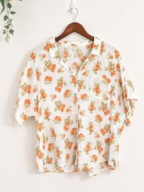 Garnet Hill Linen Short Sleeve Button Down Shirt Top Orange Print Plus Size 18